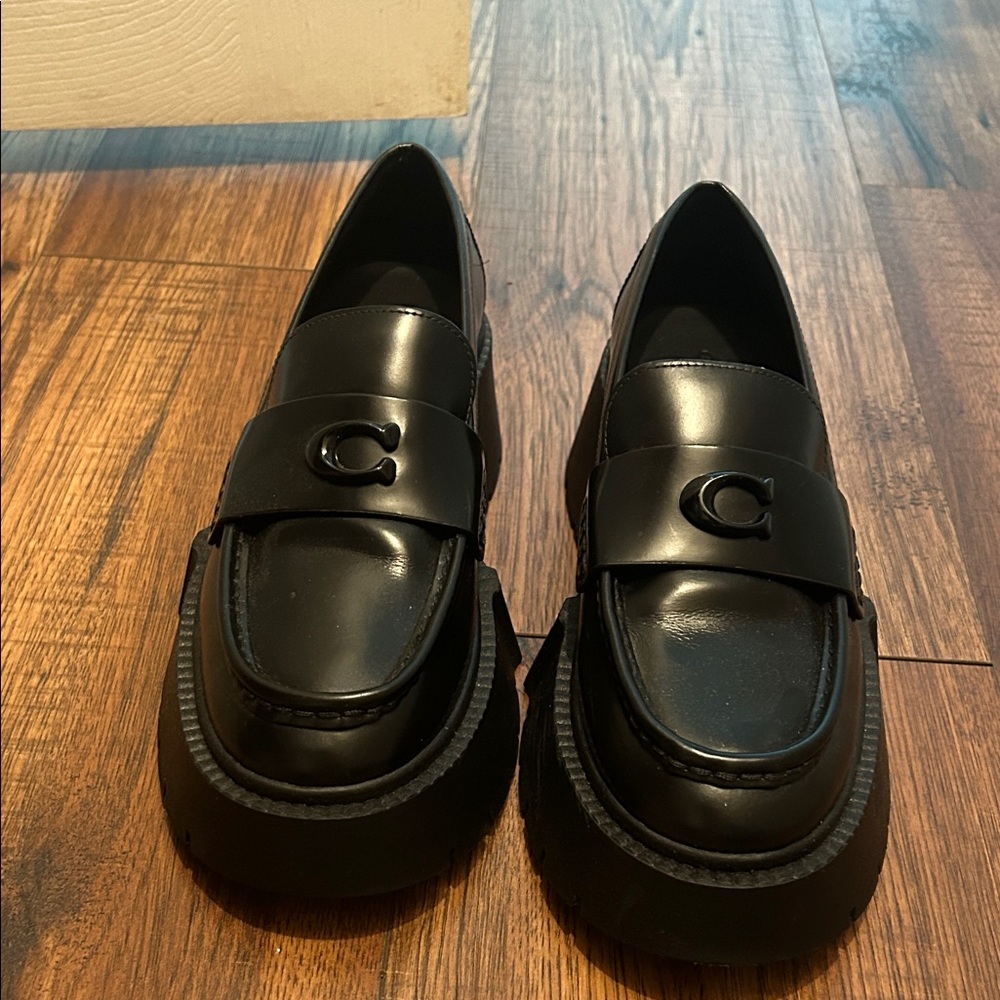 Coach Black Leather Loafers with Logo Accent